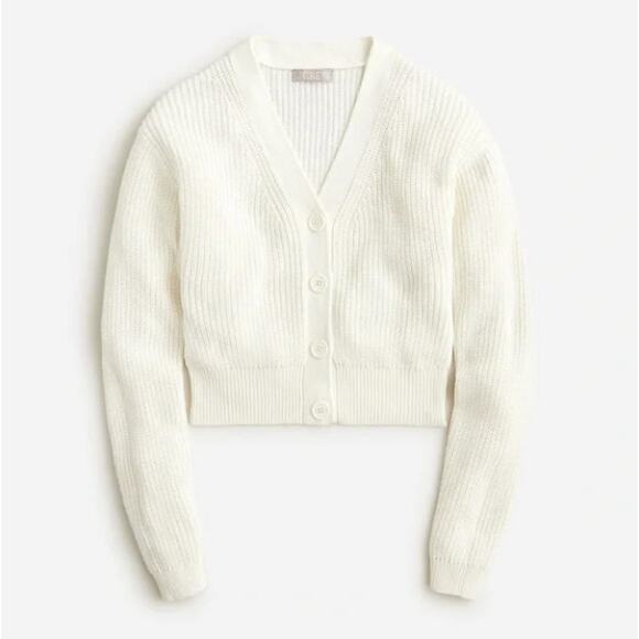 J. CREW Cotton Cashmere Cropped V-Neck Cardigan Sweater White Sz M {II45} - Picture 1 of 4